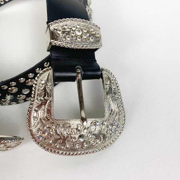 Black Genuine Leather Heavy Studded Crystal Belt M